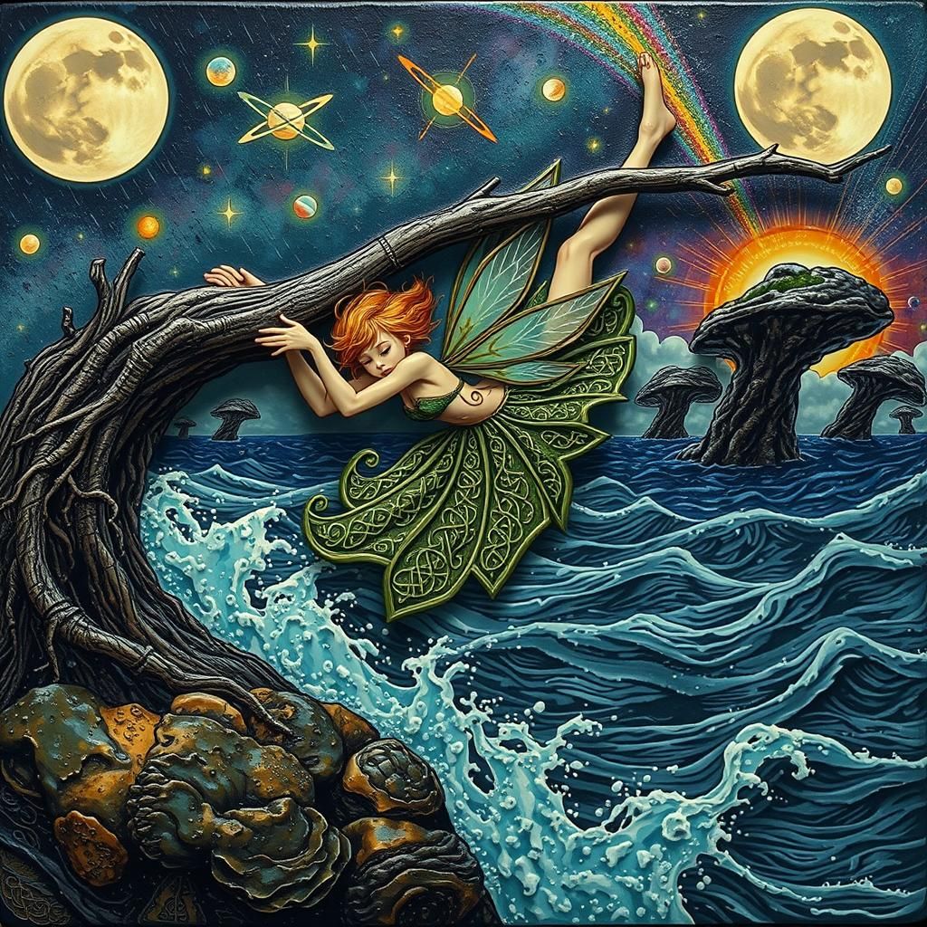 Fairy Tumbling Through Storm in Celtic Art Style