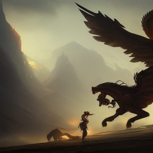 Chimera Versus Pegasus in Dark Fantasy Style