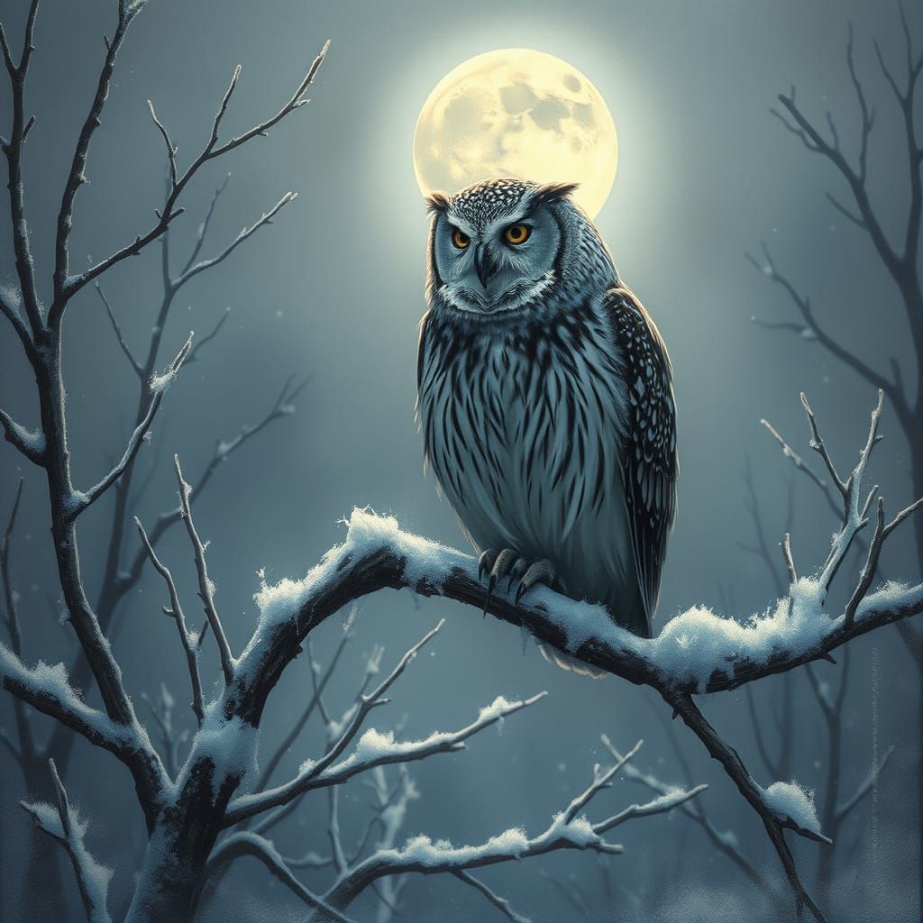 Moonlit Owl Defends Winter Territory
