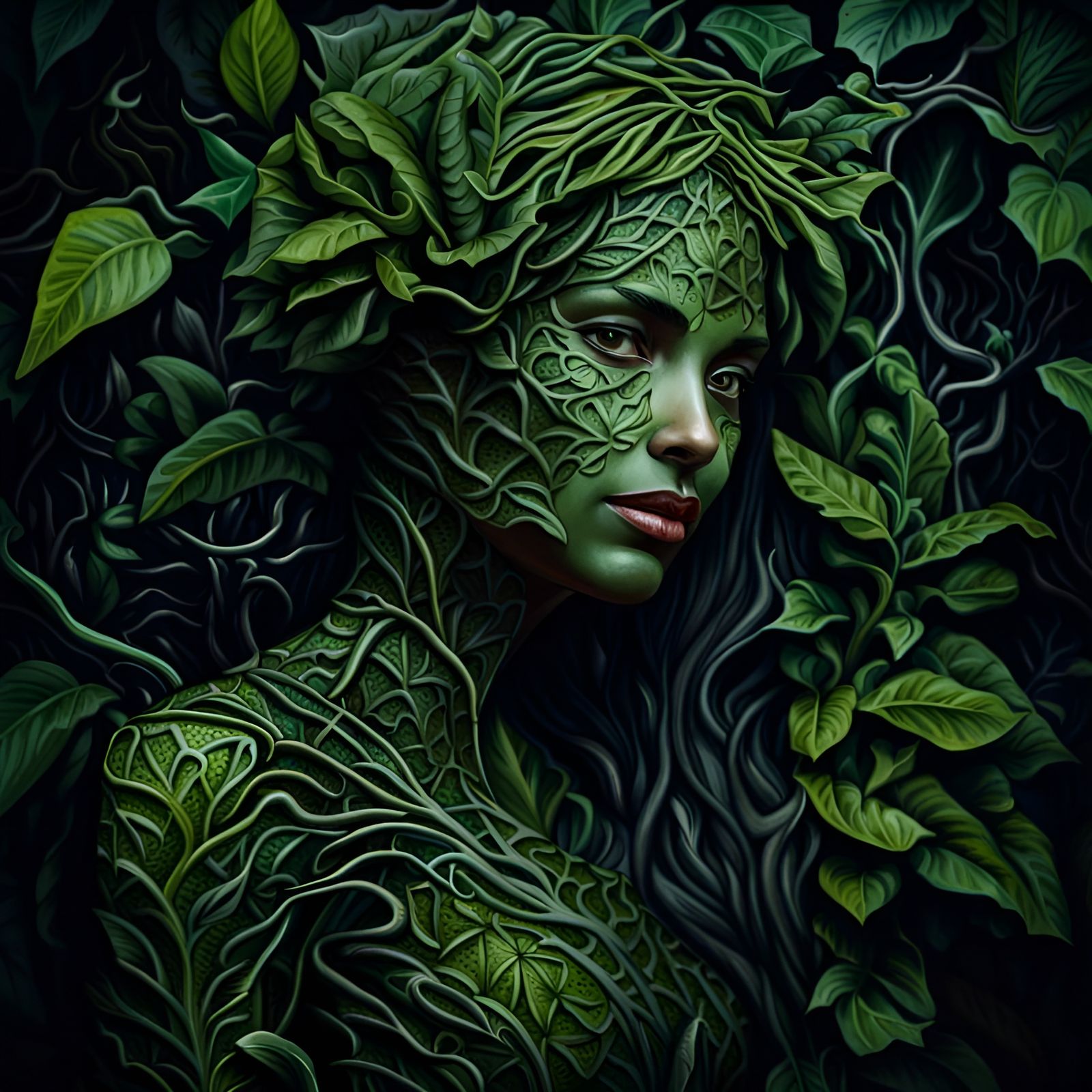Beautiful Plant Woman in Dark Botanica Garden