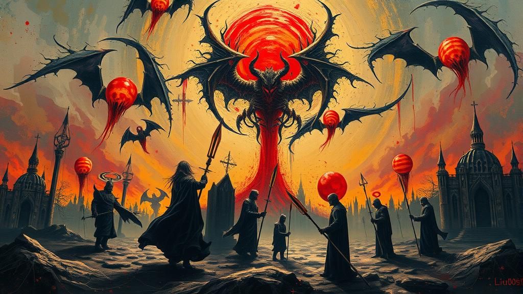 Surreal Satanic Battle in Dystopian Landscape