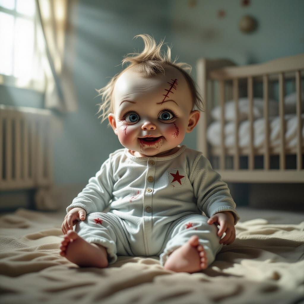 Eerie Monster Baby in Abandoned Nursery, Hyperrealistic Styl...