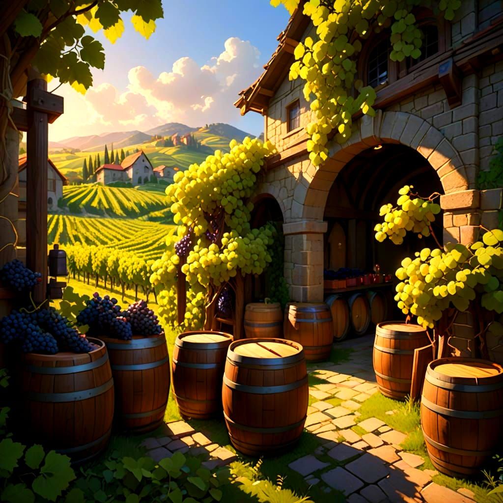 Surreal 3D Anime Vineyard Scene at Sunset