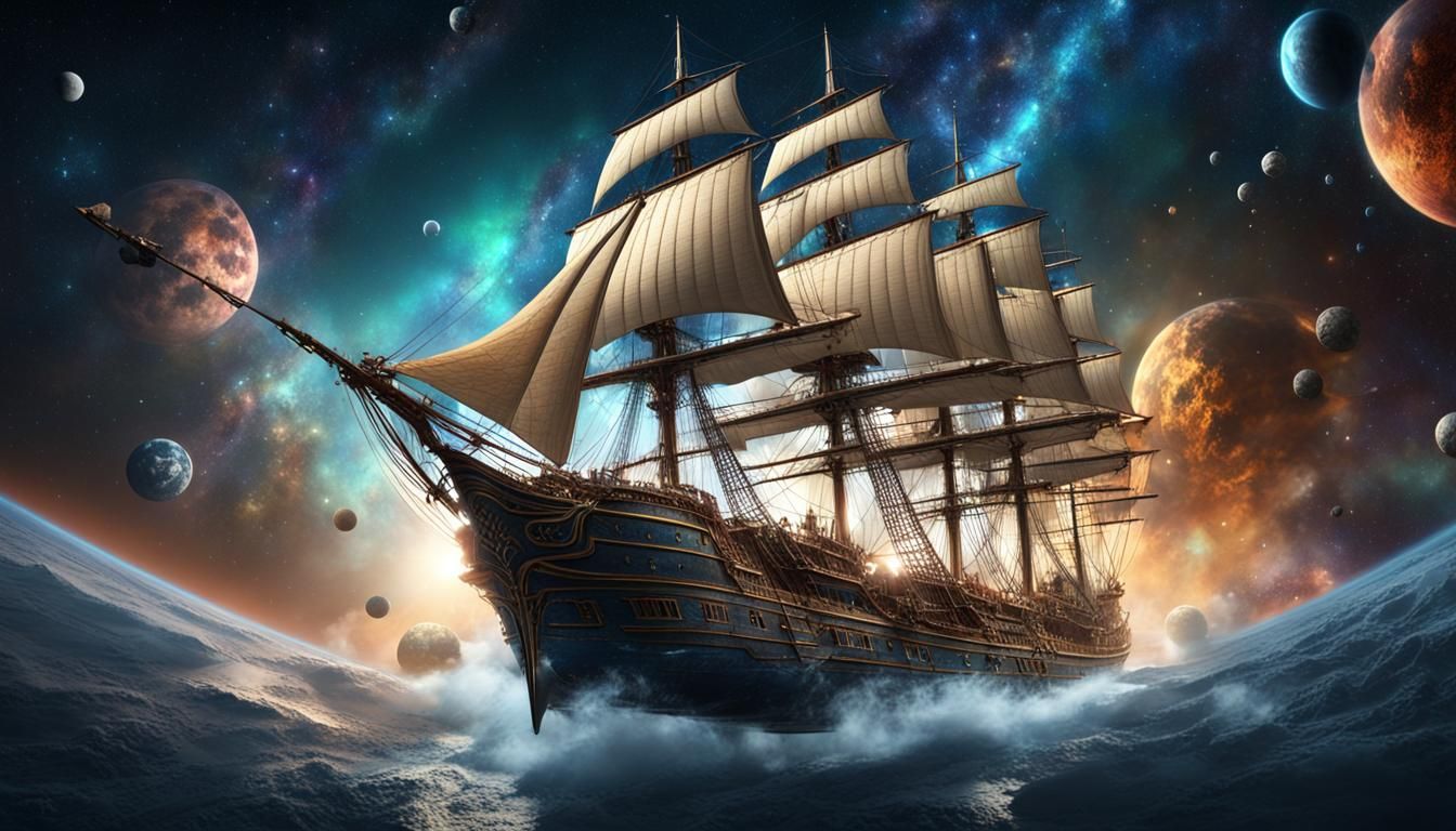 Sailing Ship Soaring Through Space, Detailed Matte Painting