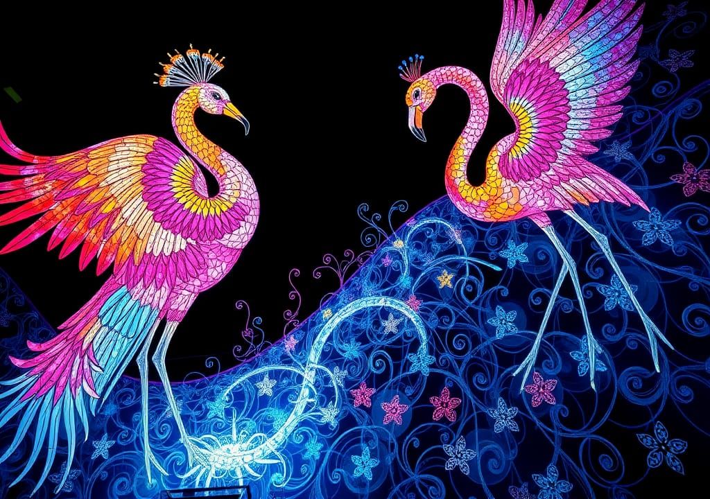 (Heavenly Light Projecting Into Your Soul A Light Sculpture created depicting (Crane Peacock Flamingo) from Escher-esque...