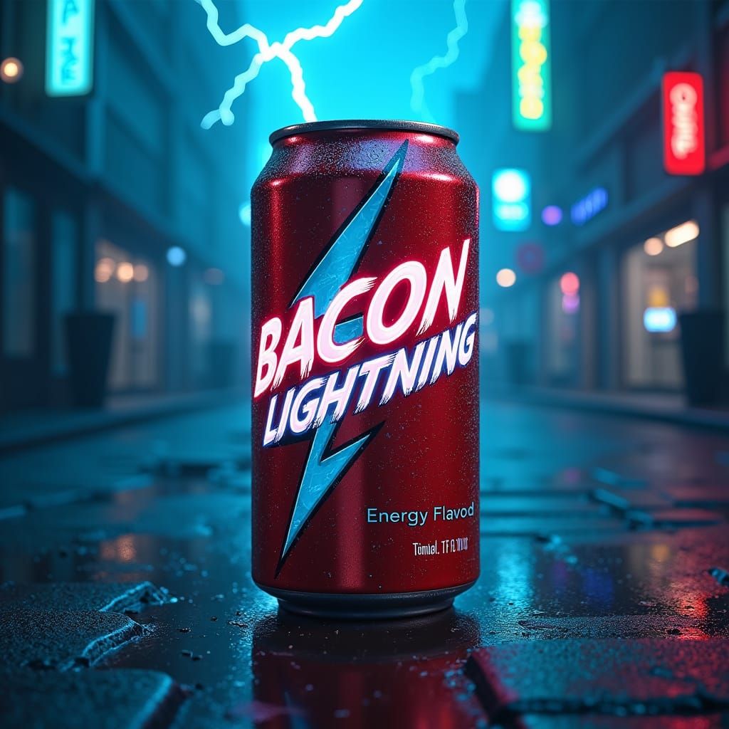 Bacon Lightning Energy Drink in Dystopian Futurism