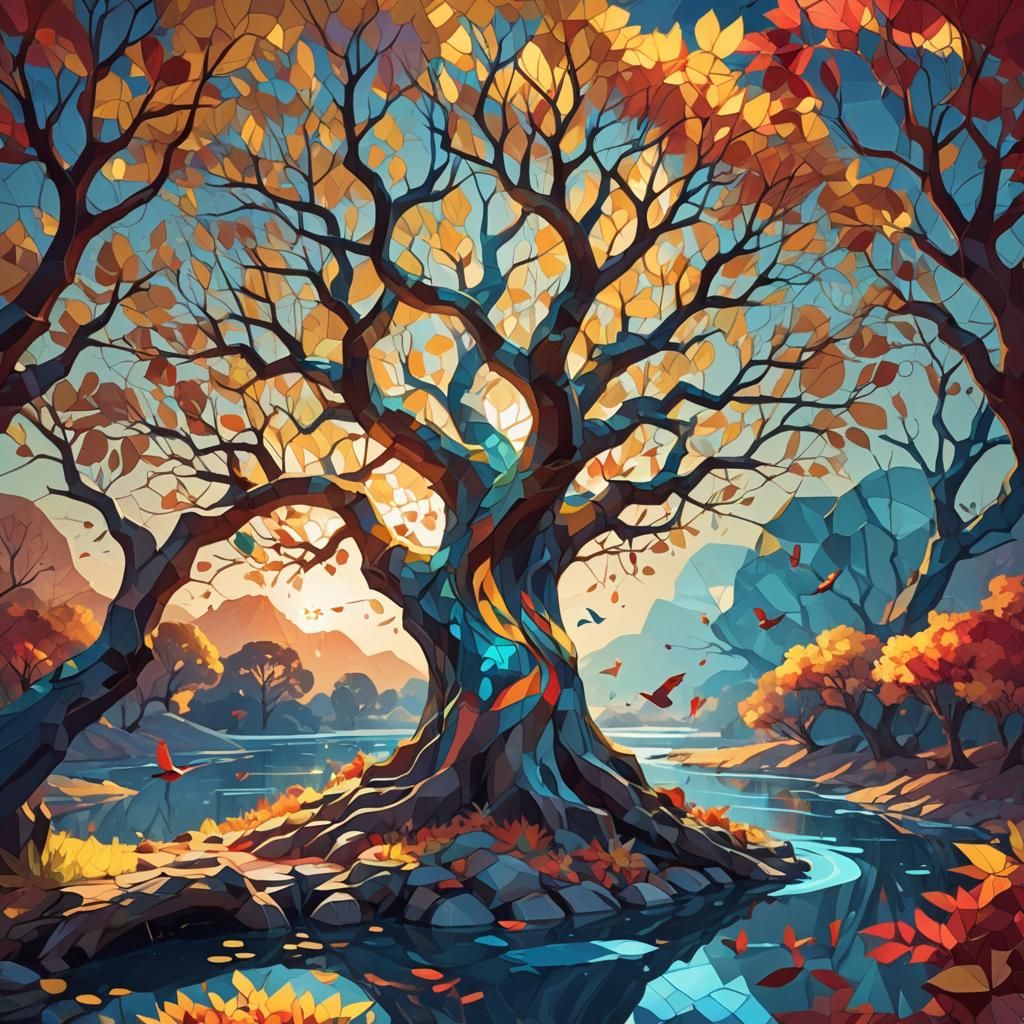 Psychedelic Tree Landscape in Low-Poly Style