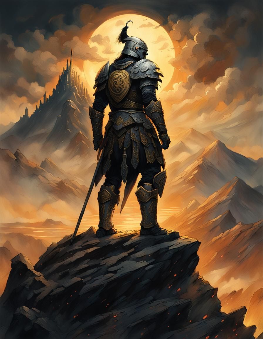 Fantasy Warrior Overlooking Ruined Landscape