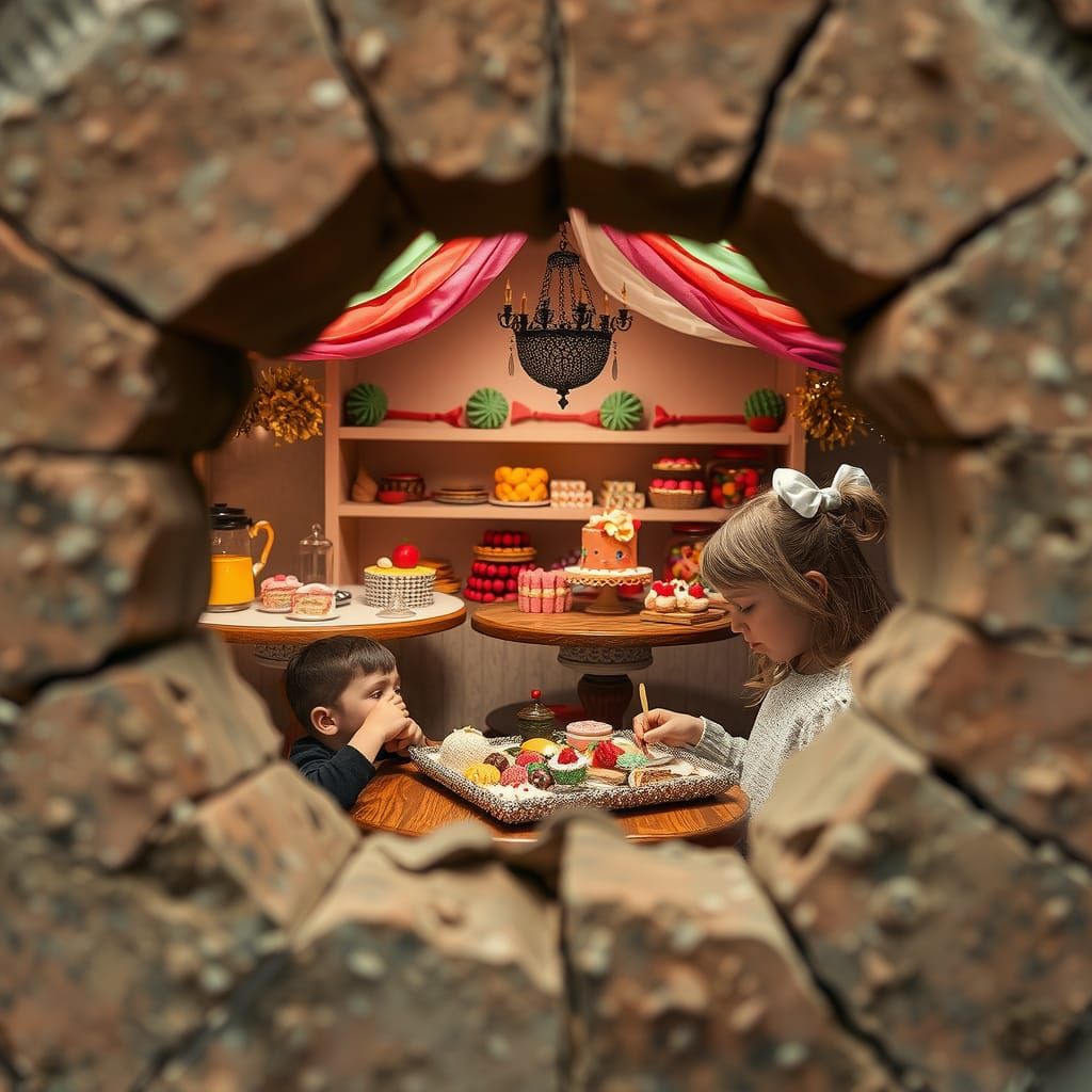 Fantasy Candy House Scene Through Ancient Wall