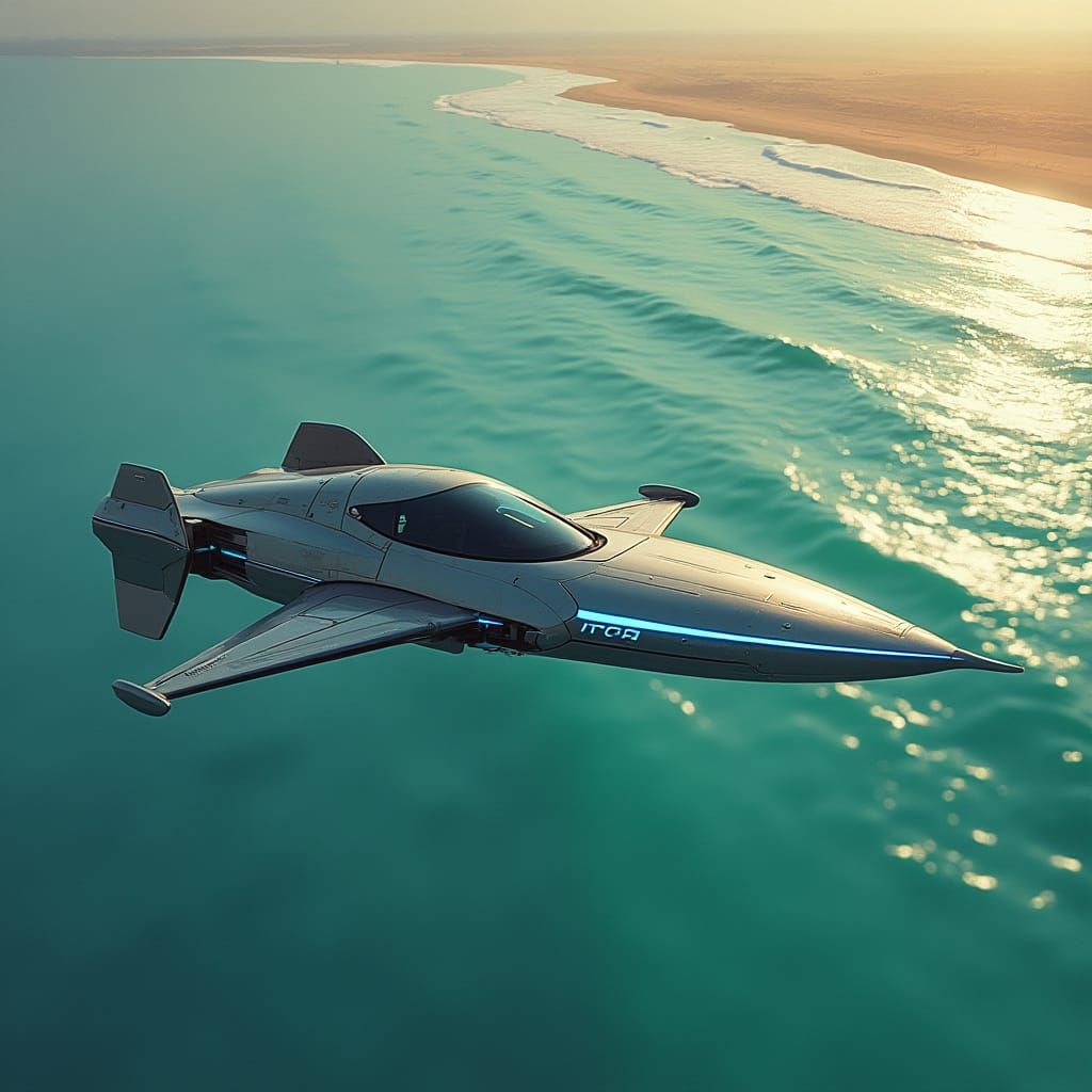 Futuristic Flying Car Over Turquoise Sea