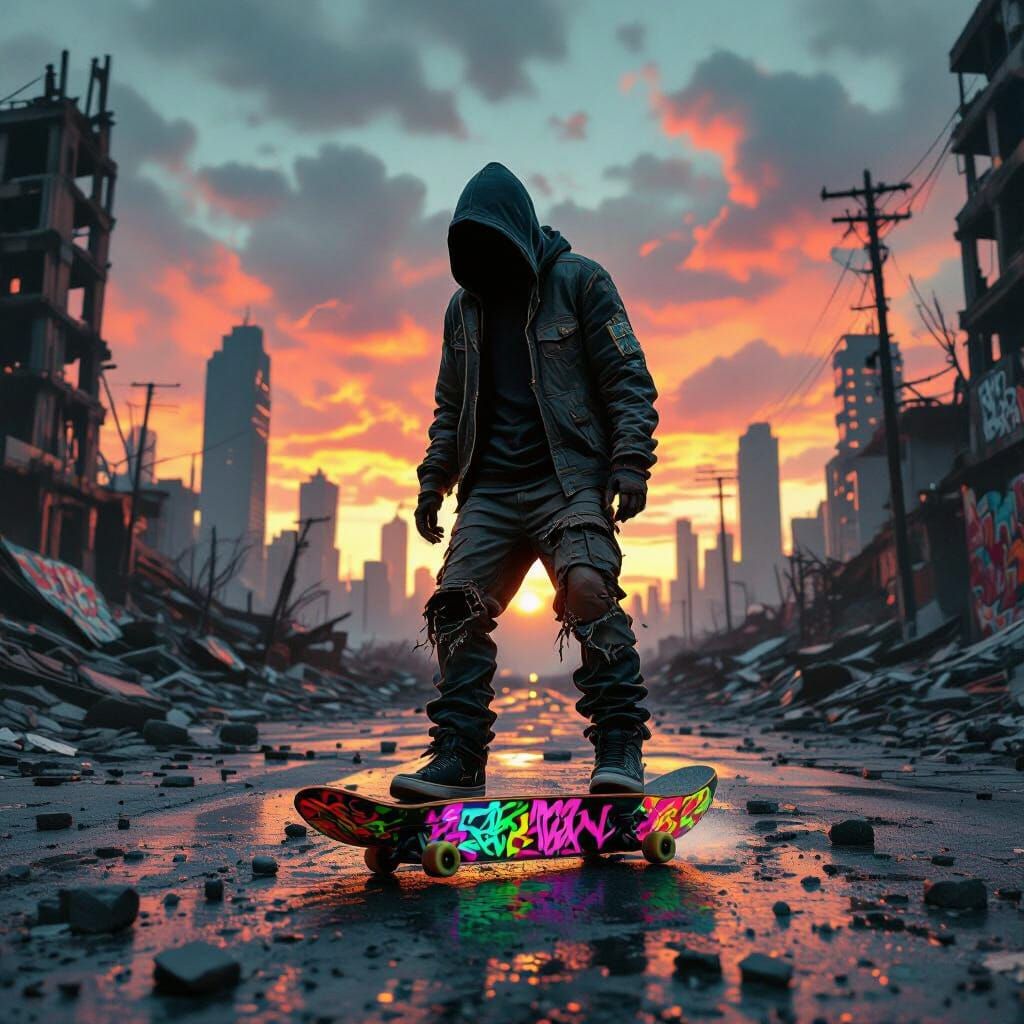 Skateboarder in Post-Apocalyptic City with Glowing Graffiti