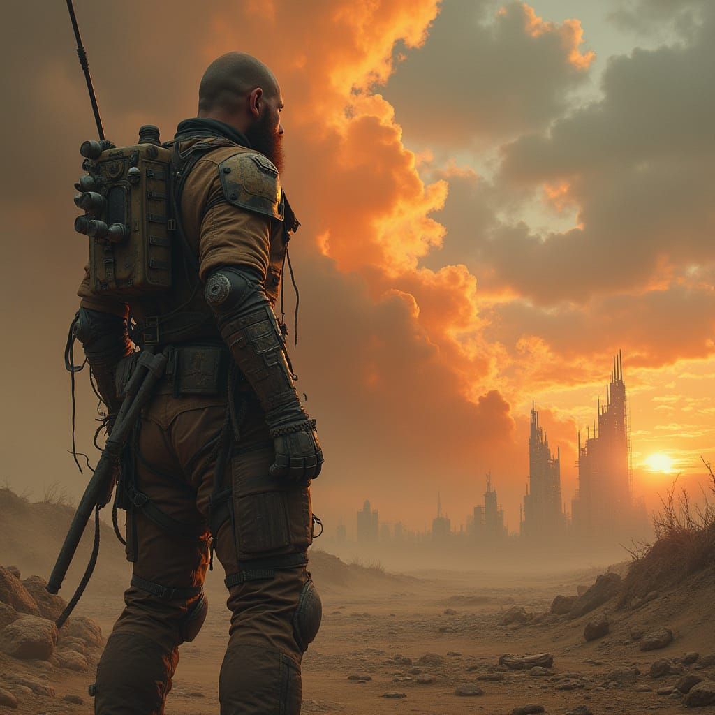 Grizzled Mercenary Surveys Post-Apocalyptic Wasteland in Cyb...