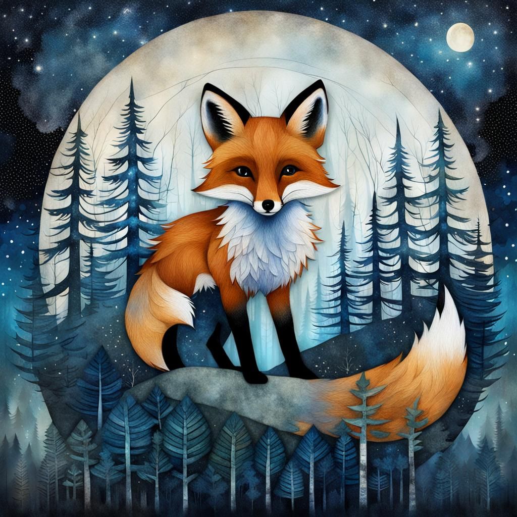 Double Exposure: Fox and Blue Night Forest