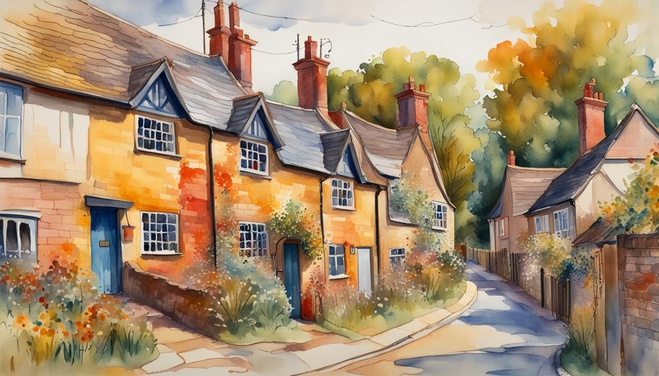 English Village in Detailed Watercolor Gouache Style