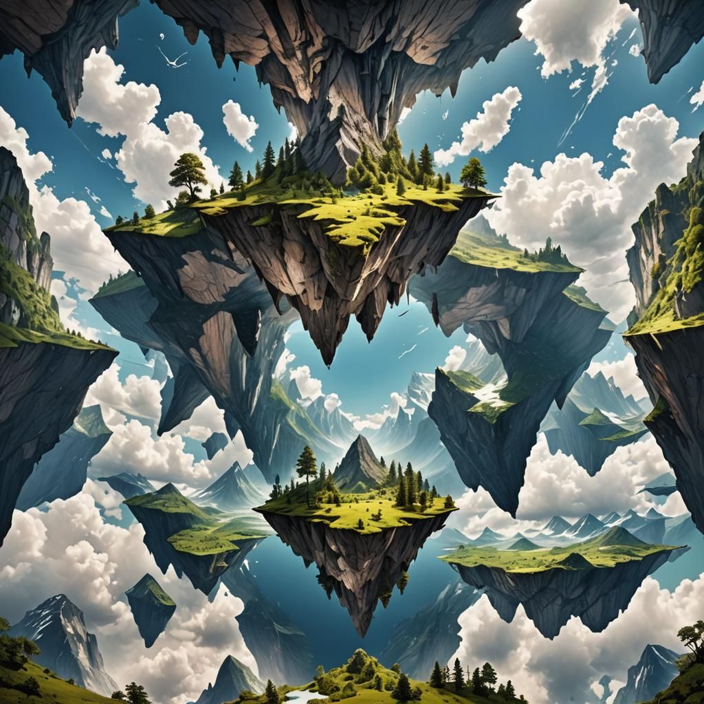 Surreal Mirrored Landscape with Floating Islands