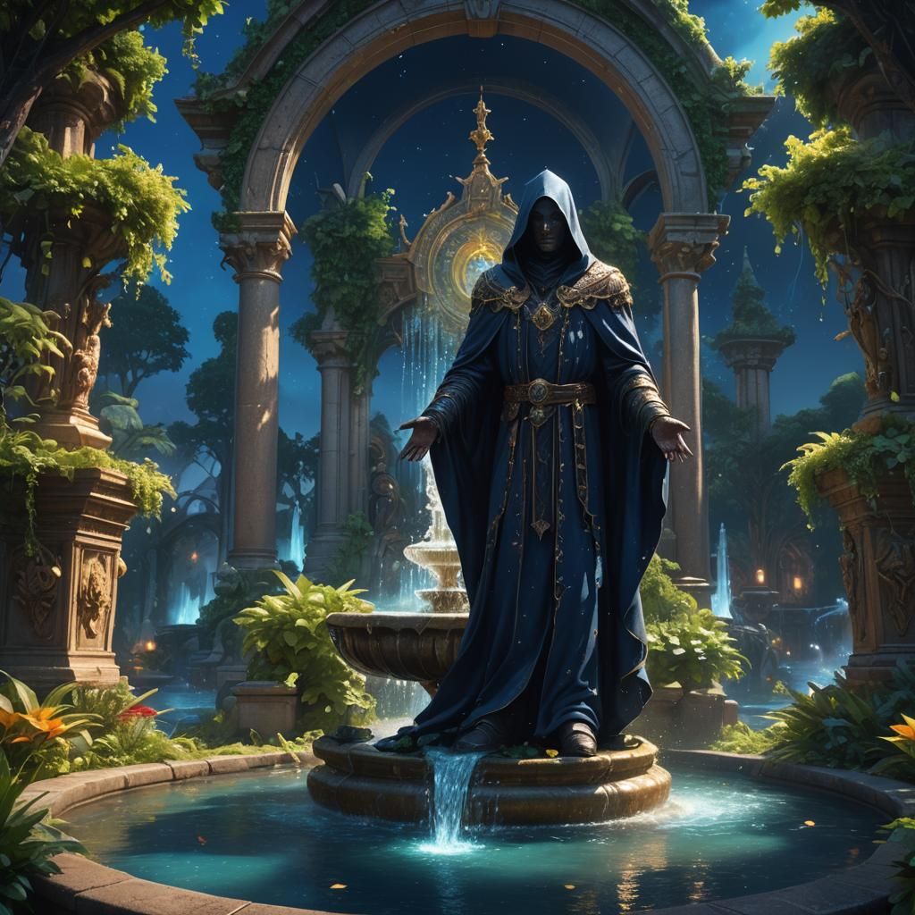 Regal Figure by Crystal Fountain at Night