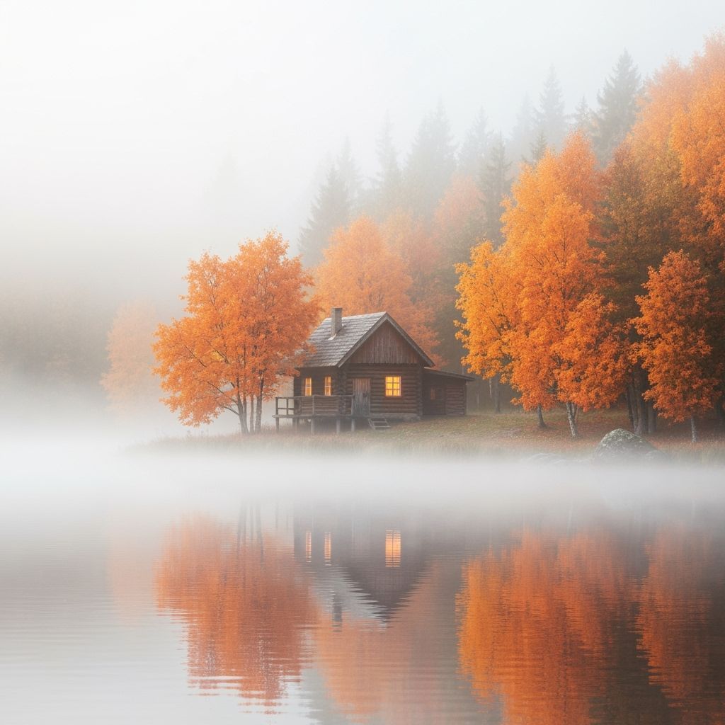 Tranquil Autumn Cabin by Foggy Mirror Lake
