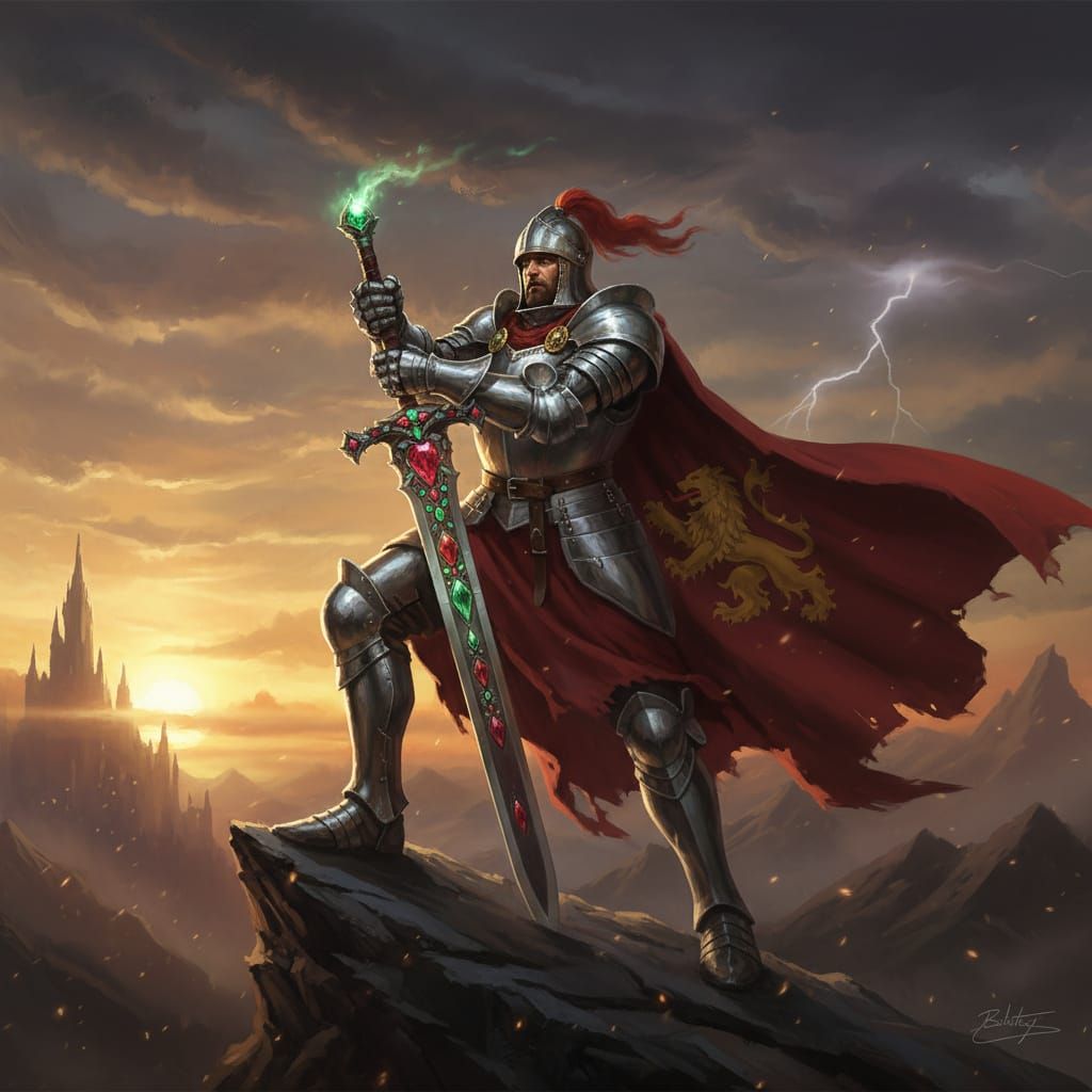 Proud Knight with Jeweled Sword in Epic Fantasy Style