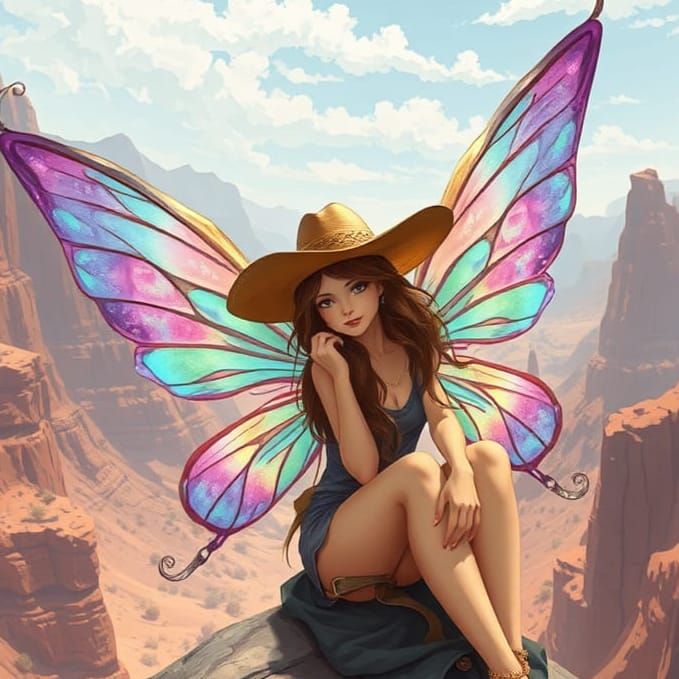 Fairy with Cowboy Hat in Desert Canyon