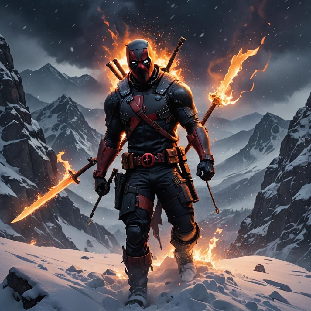 Warrior with Flames in Snowy Mountain Landscape
