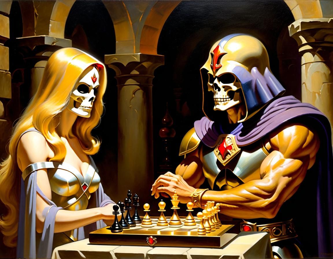 Skeletor and He-Man Chess Match as Oil Painting