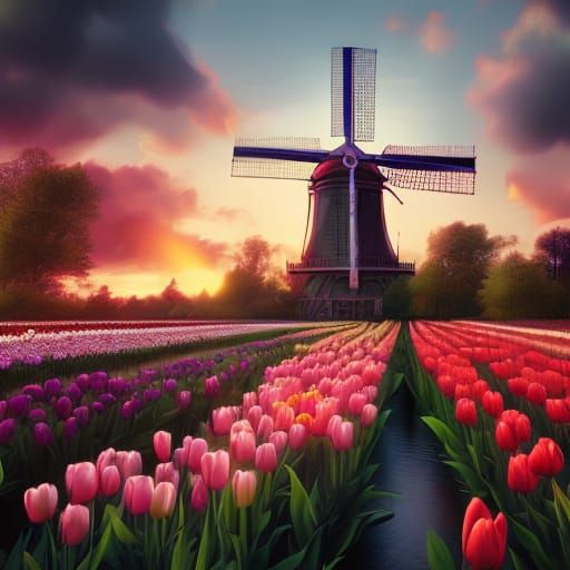 Netherlands Windmill Sunset with Tulips: Hyperdetailed Art