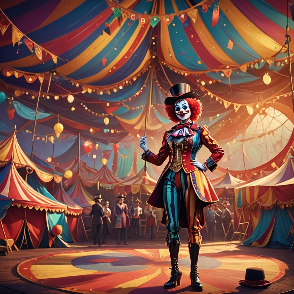 Pixar-Style Clown Ringmaster in Fantasy Circus