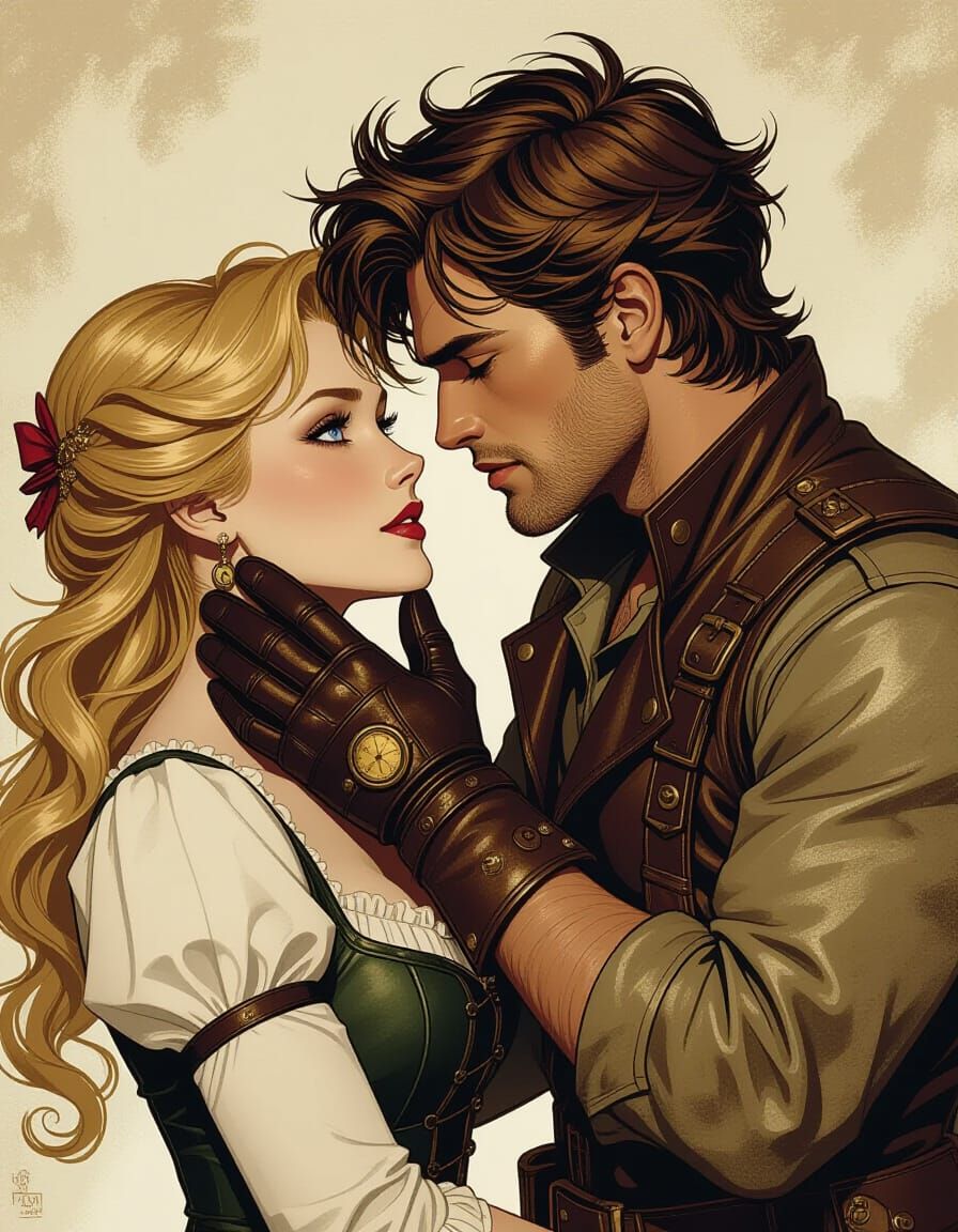 Steampunk Mechanic Kisses Victorian Lady in Dramatic Style