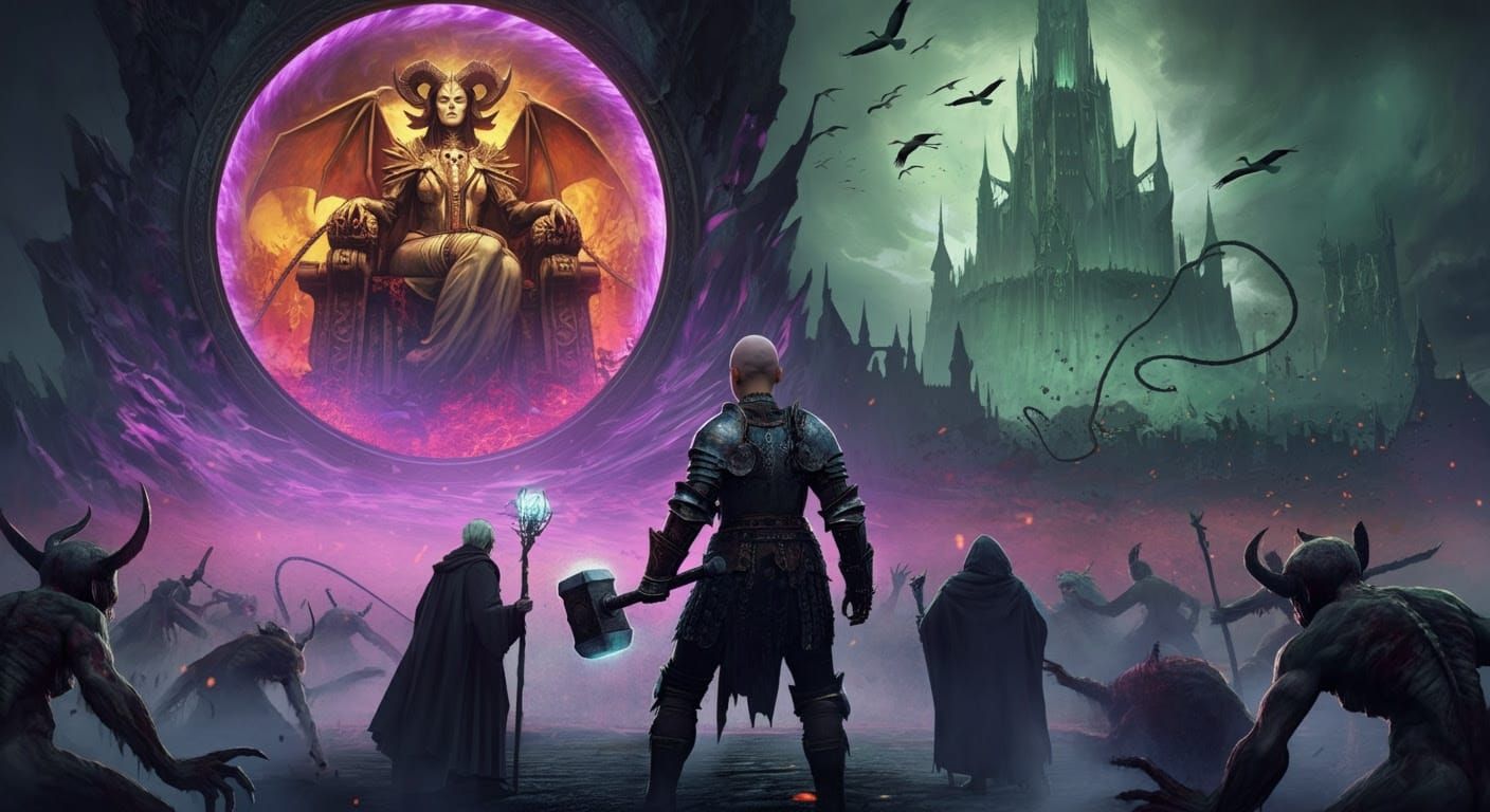 Medieval Heroes Stand at the Threshold of a Swirling Hellish...