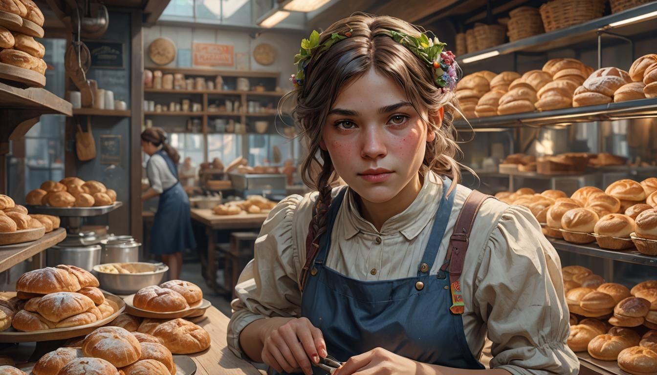 Woman Walks to Bakery, Hyperdetailed Digital Art