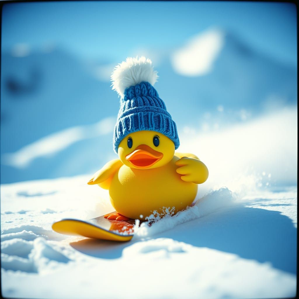 Snowboarding Rubber Ducky in Cinematic Winter Landscape