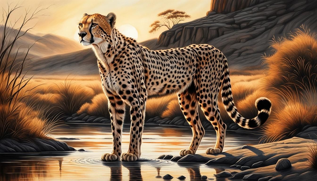 Dramatic Cheetah Hunt: Charcoal Drawing in Sunset Light
