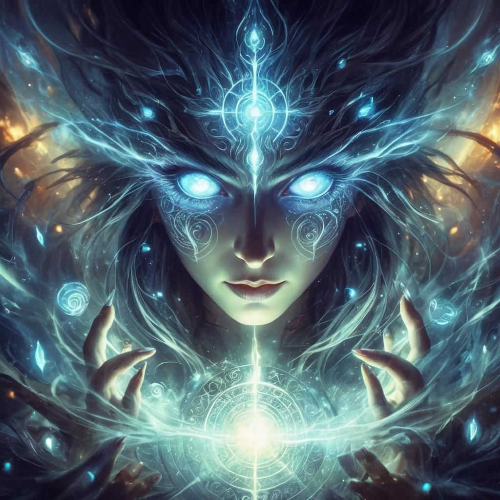 A powerful sorceress with glowing eyes casting a spell
