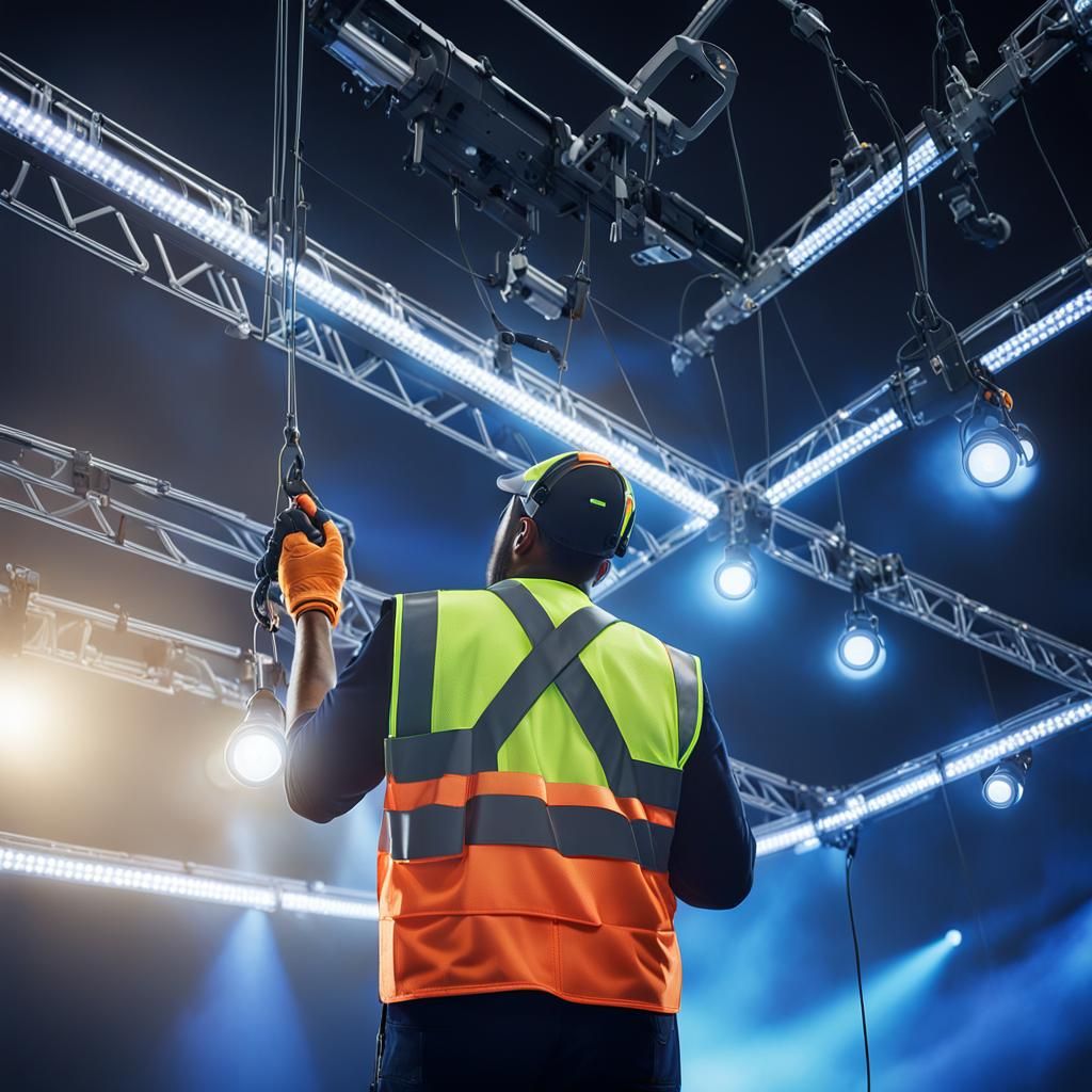 Event Technician Inspects Lighting Rig: Digital Art