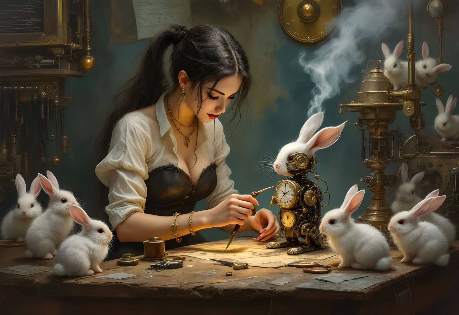 Steampunk Tinkerer Repairs Clockwork Bunny in Surreal Worksh...