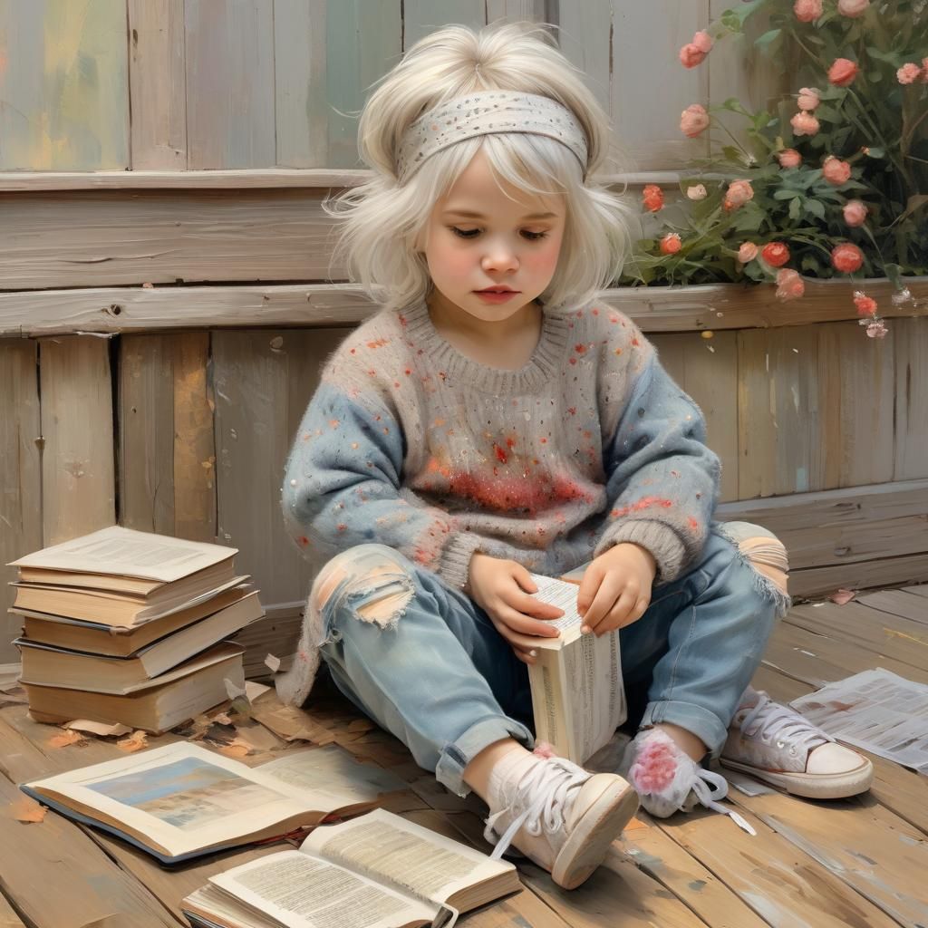 Impressionist Painting of Toddler Reading a Book