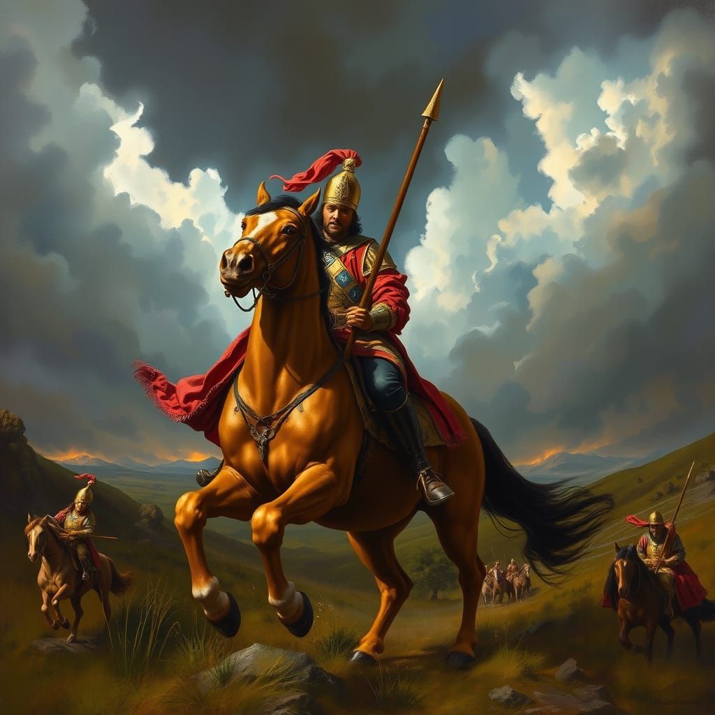 Fantasy Ruler on Horseback in a Stormy Landscape