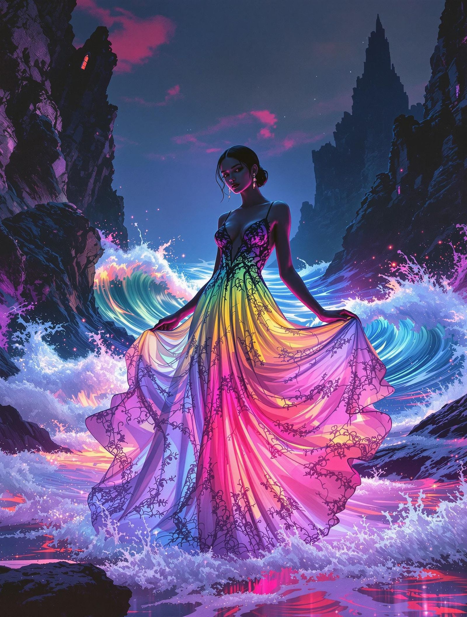 Gothic Vaporwave Goddess Amidst Neon Waves