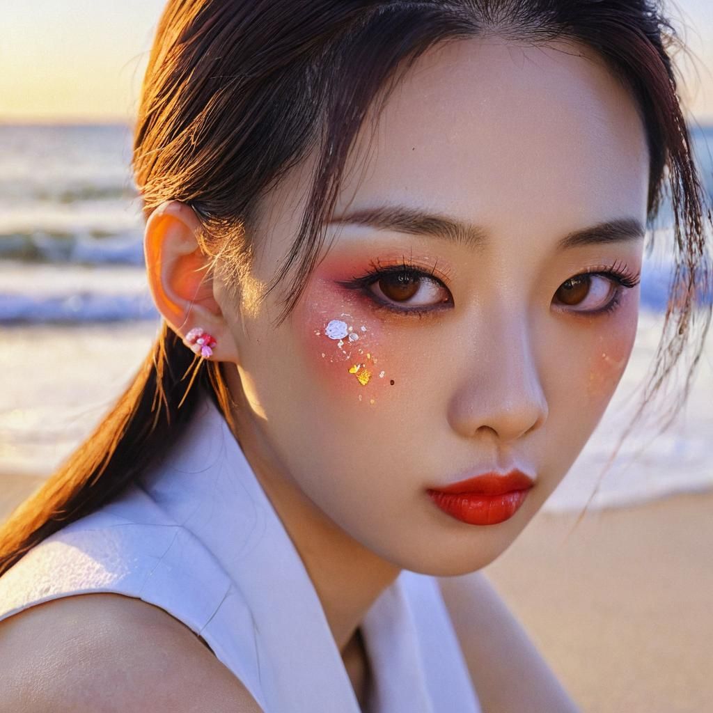 Korean Girl on Beach in 3D Anime Art Style