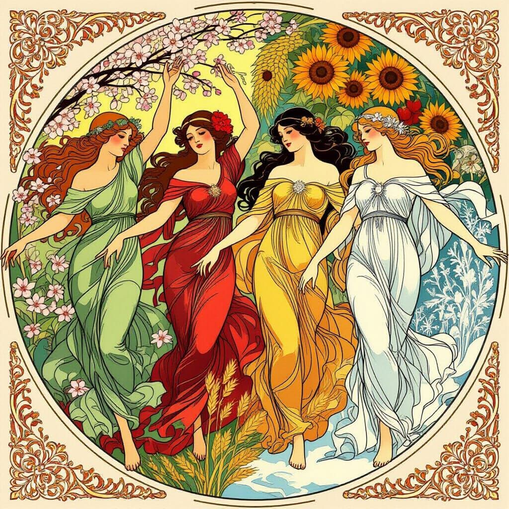 Four Seasons as Art Nouveau Alphonse Mucha Style
