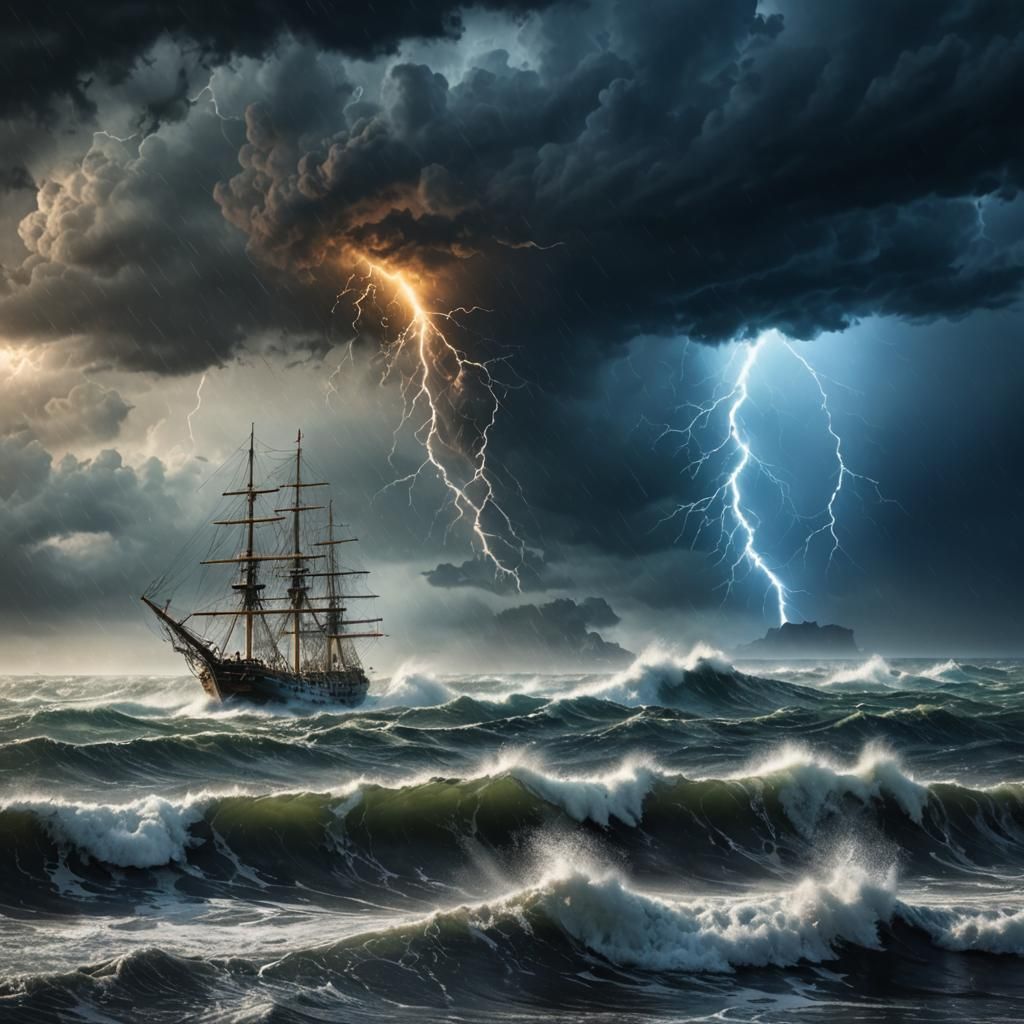 Dramatic Storm with Twister and Sailing Ship
