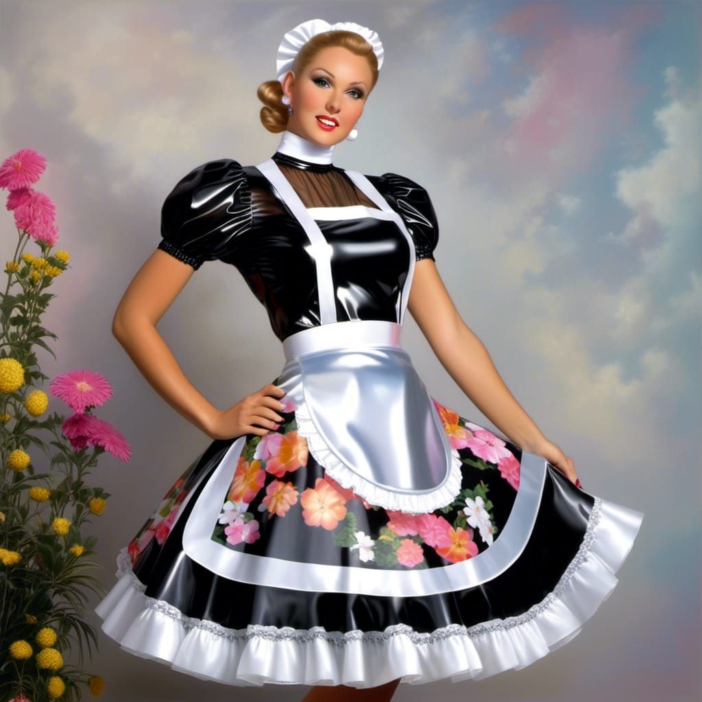 Woman in See-Through Latex Floral French Maid Dress