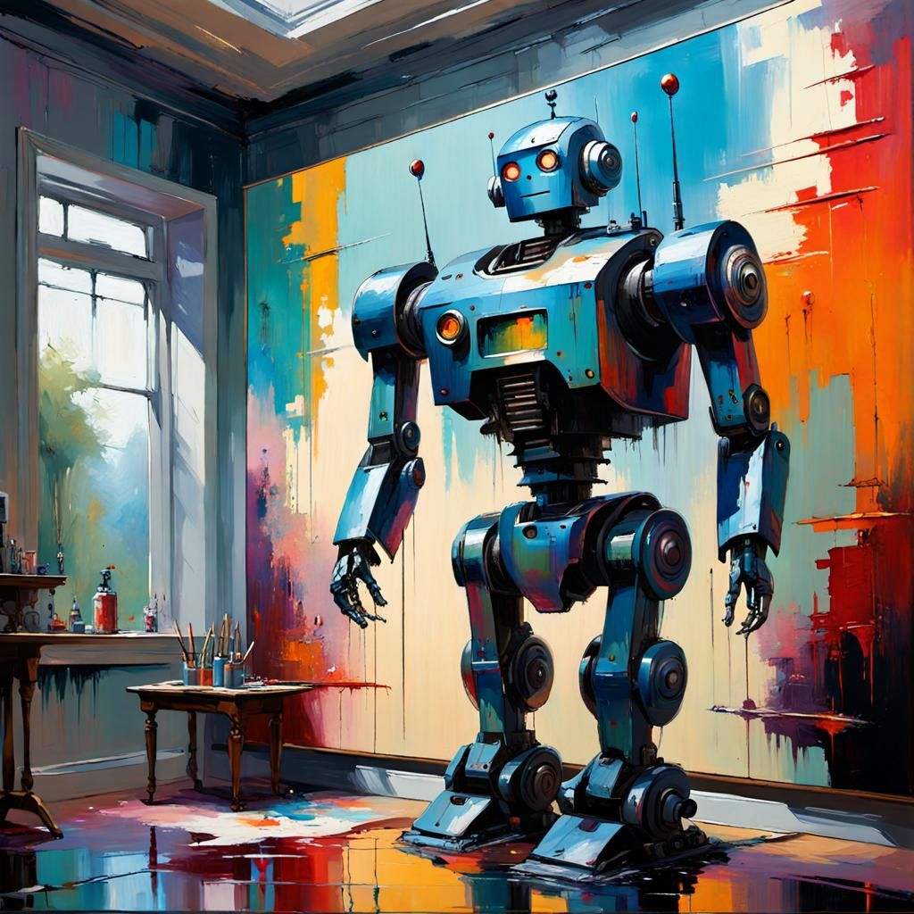 Robot Artist in Retrofuturist Room, Expressionist Oil Painti...