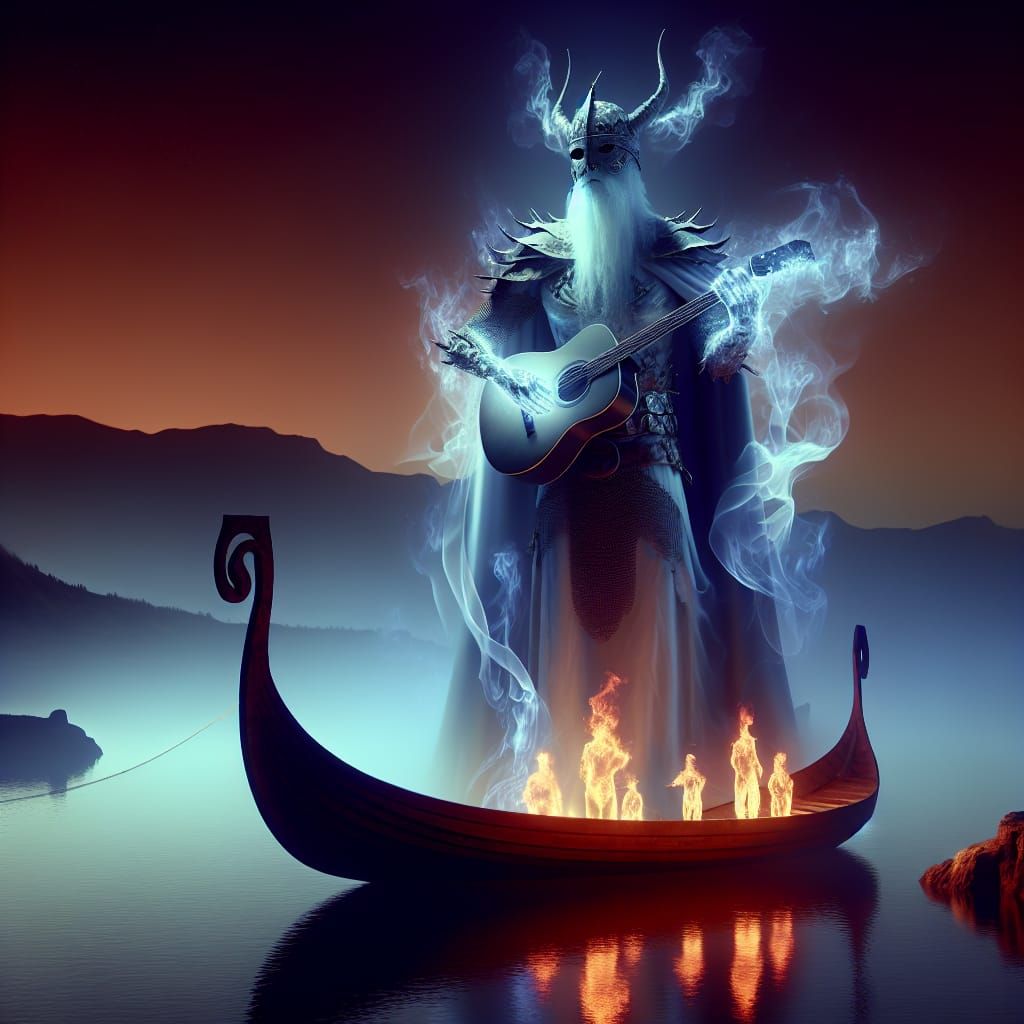 Ethereal Warrior King Plays Guitar on a Viking Funeral Boat