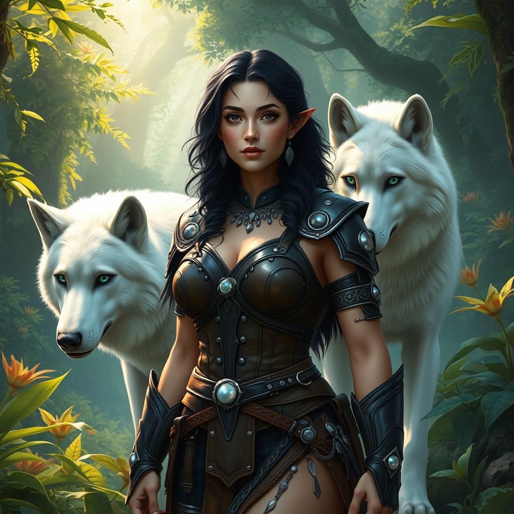 Elven Warrior Princess with Wolves in Luminous Forest