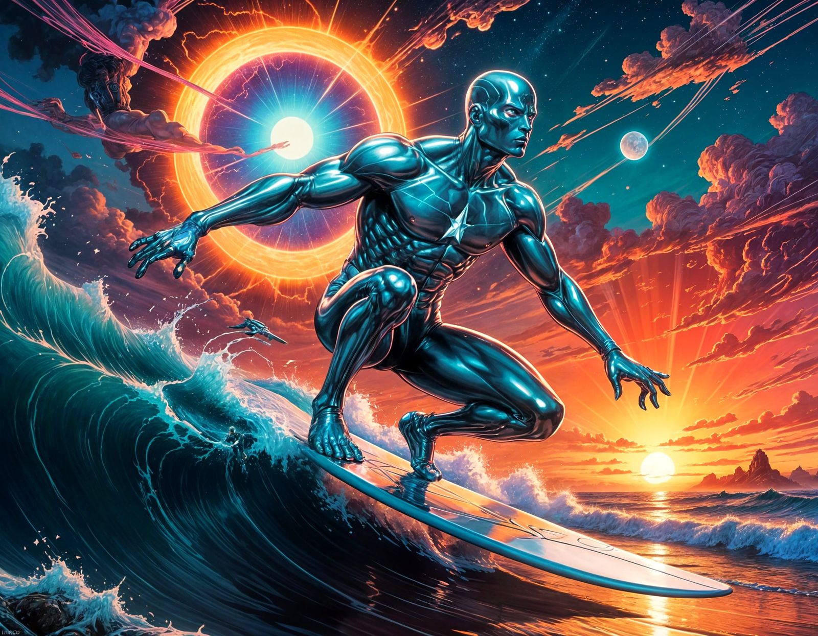 Surreal Cyberpunk Surfing Masterpiece with Neon Retro Flair