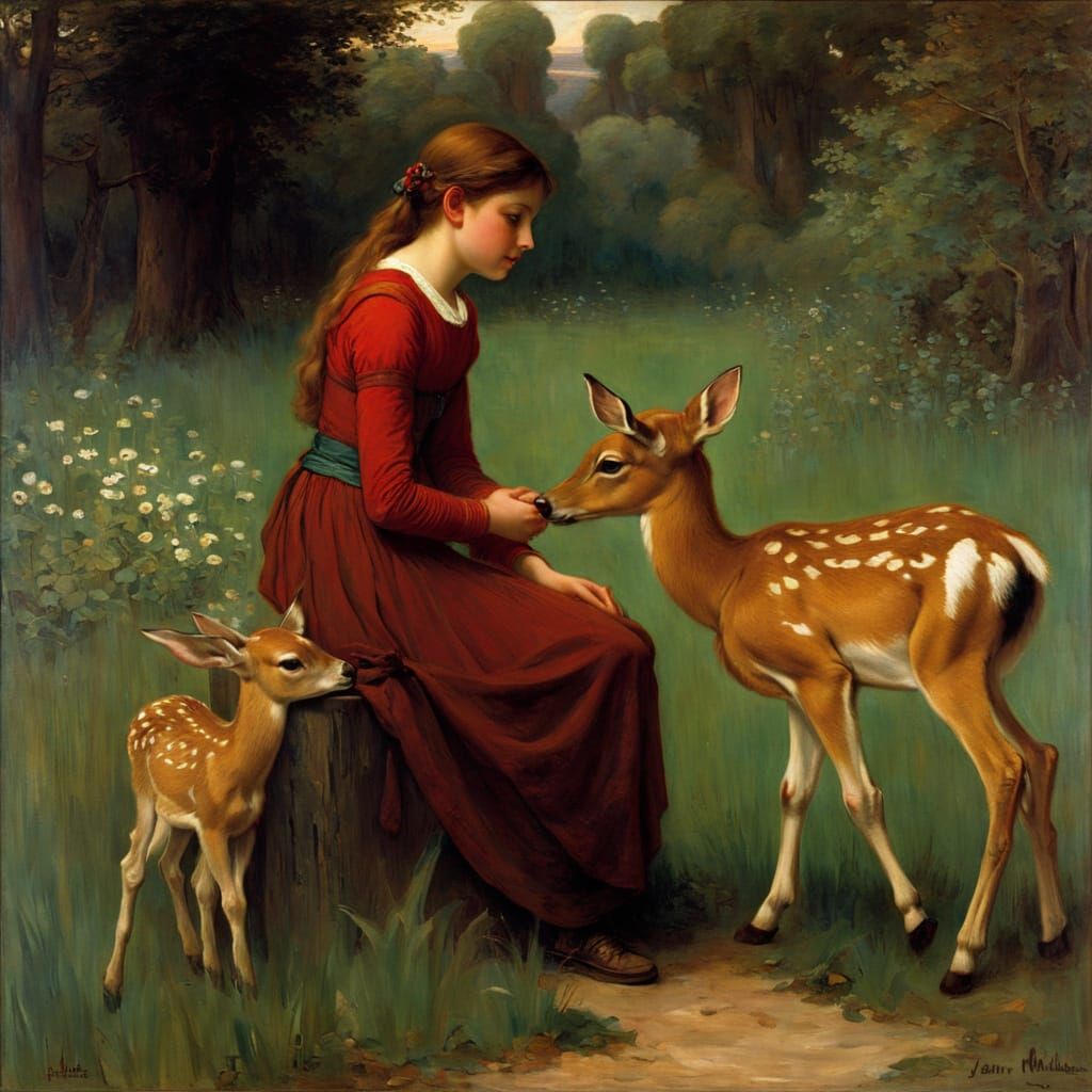 Girl with Fawn in Enchanted Landscape
