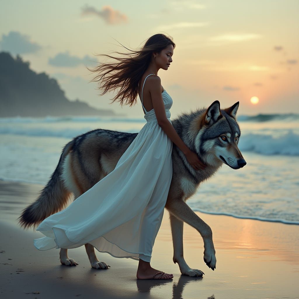 Woman and Wolf on Beach, Ethereal Art