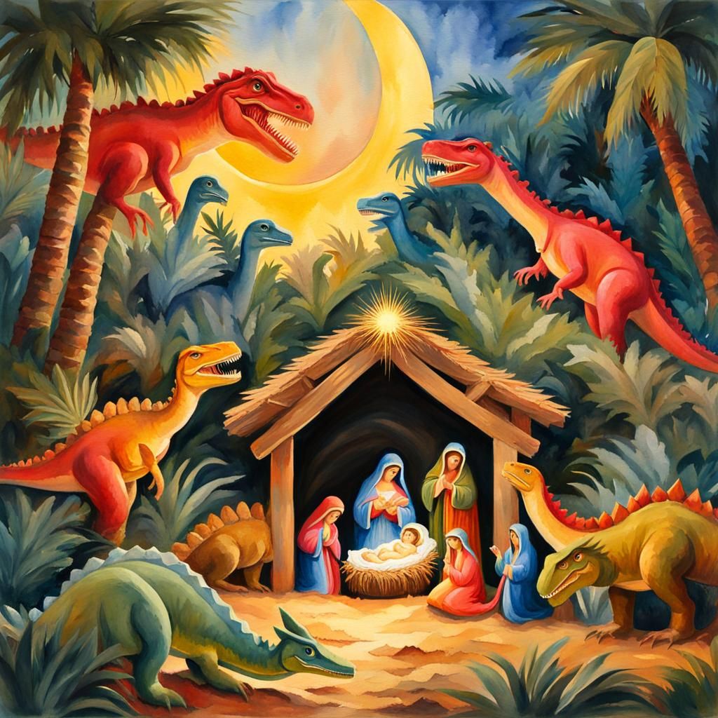 Dinosaur Nativity Scene in Impasto Gouache Style