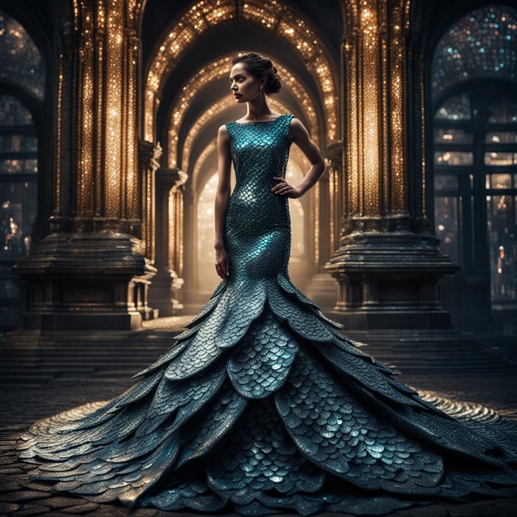 Woman in Sparkling Dragon Scale Dress: Hyperrealistic HDR